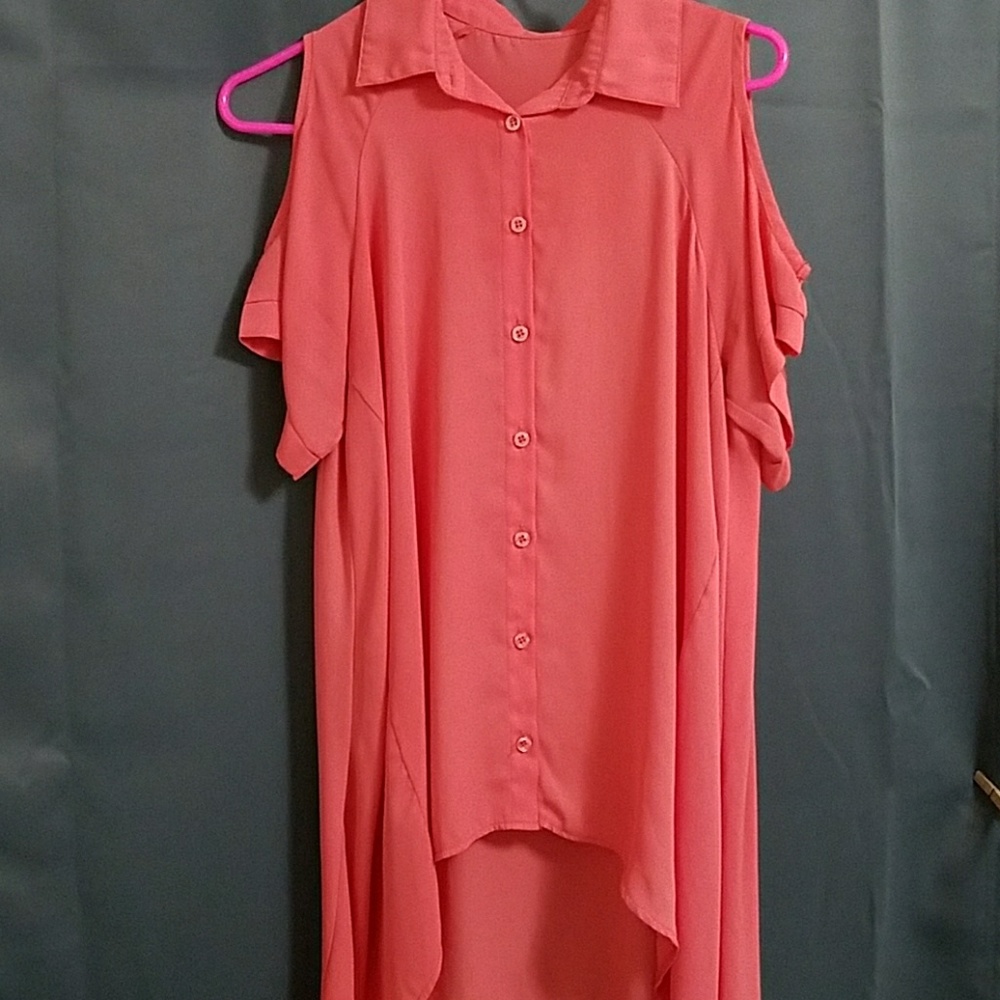 Shirt Front, Long Back Pink Button Down Top